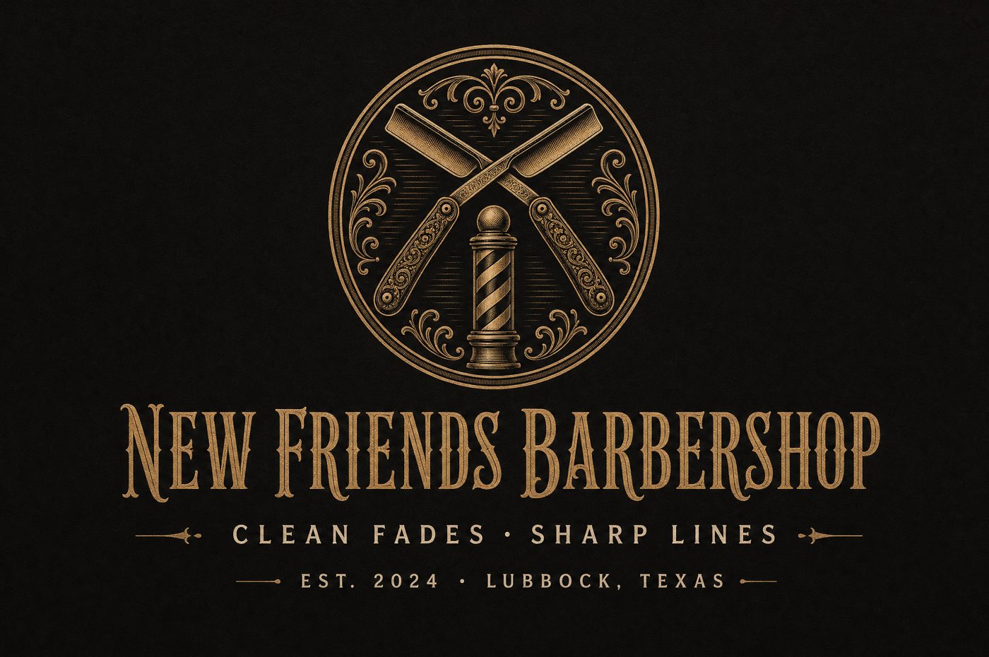 The New Friends Barbershop card: a gold emblem with crossed razors over a barber pole, on black